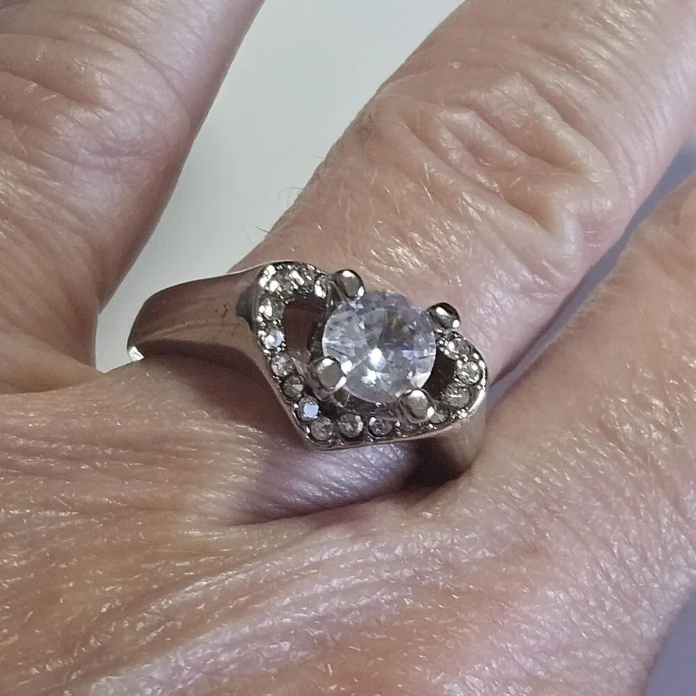 Silver Tone Clear Rhinestone Heart Shaped Ring Size 6.5